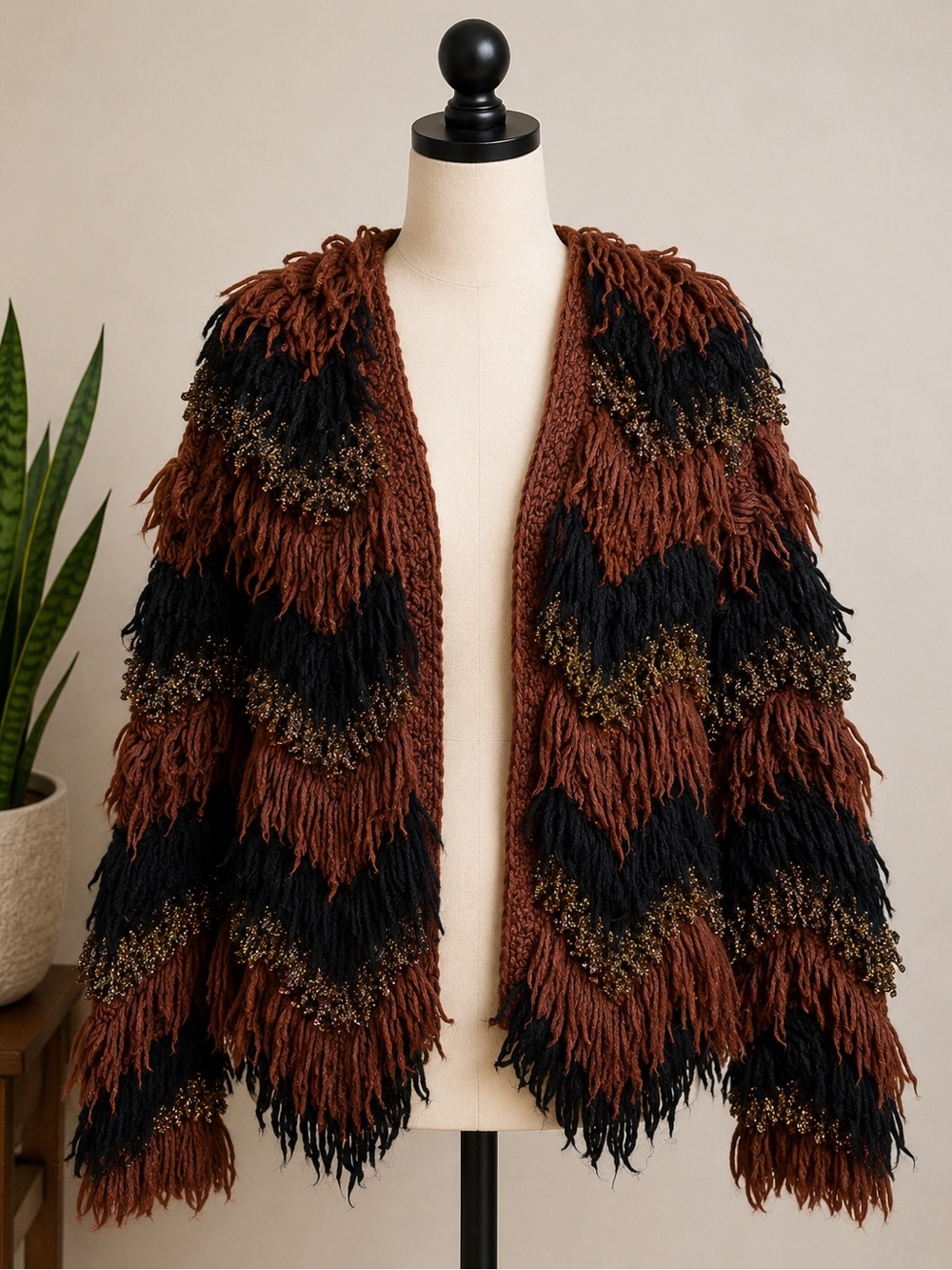 ASOS Shag Fringe Cardigan Brown Black Boho Festival Sweater US 2